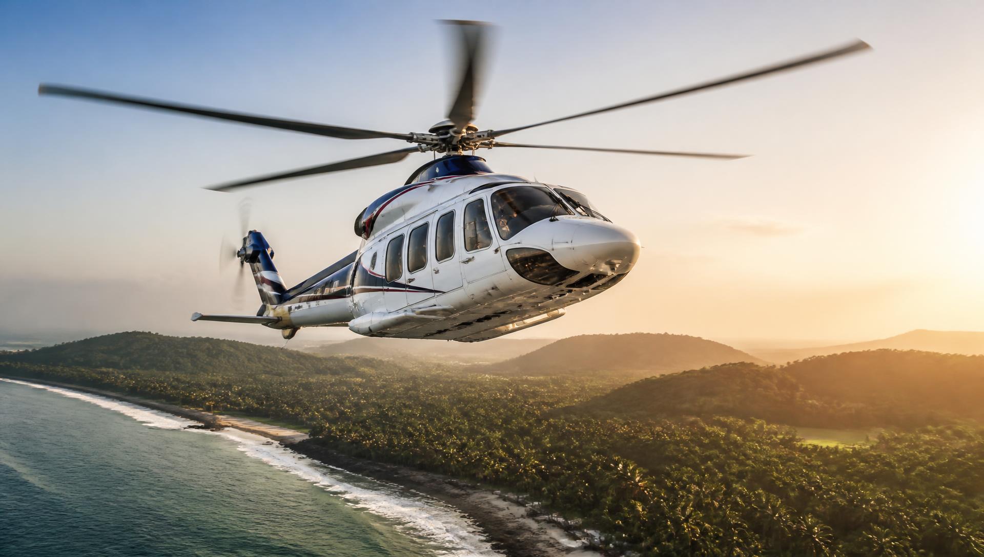 Executive helicopter in flight over the West African coastline
